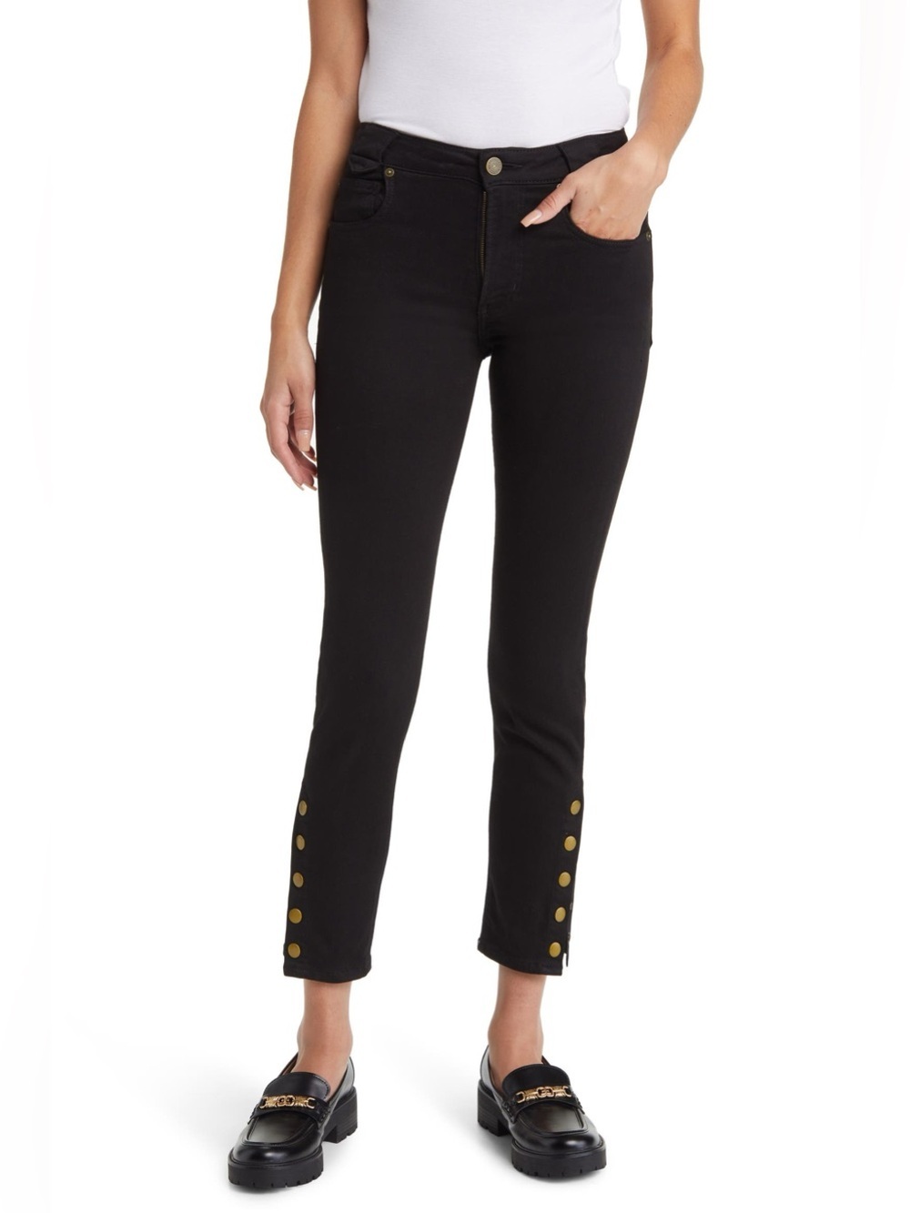 NWT FRAME The Snapped Denim Leggings Black Skinny Jeans Gold Snap Hem Size 24